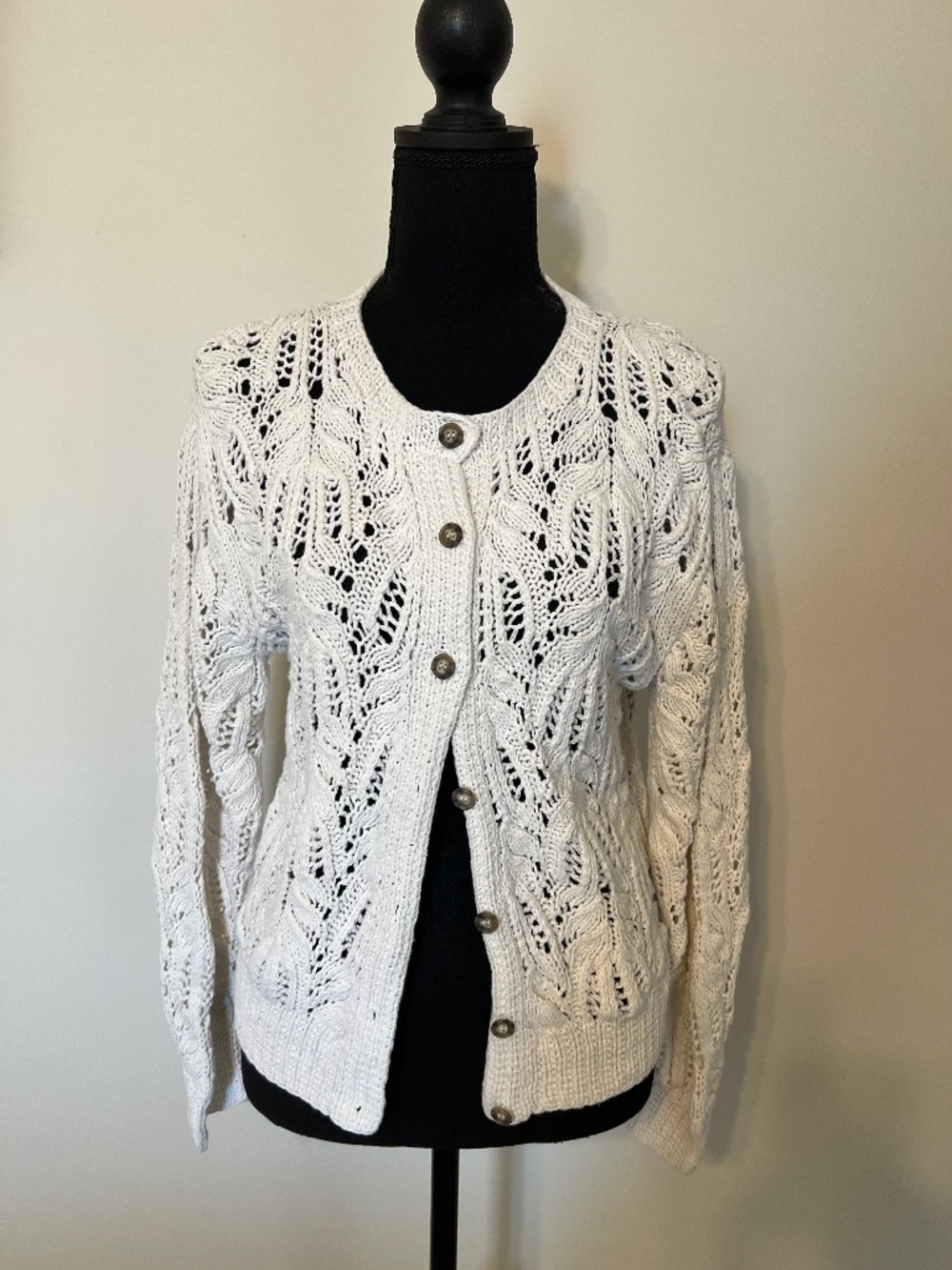 Women's Vintage Hand Crocheted Cream Cardigan Sweater 100% Cotton